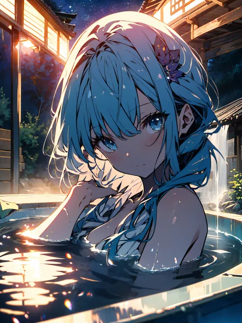 masterpiece, highest quality, (highest quality、masterpiece、High resolution、detailed)、(1 girl、naked), (soaking in a hot spring)、(The hot spring has improved my blood flow and my face is slightly red.)、(Detailed hot springs with good spring quality)、(open-ai...