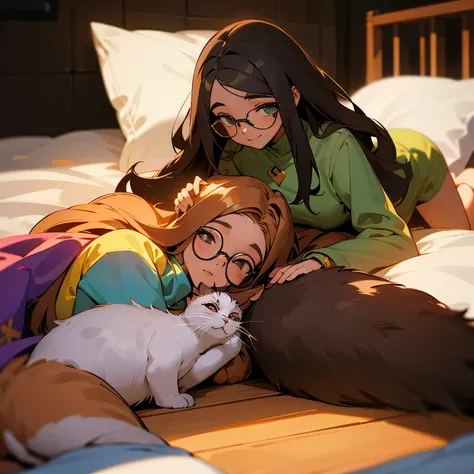 1 garota, glasses, cabelo liso e comprido, morena. 1 garoto, glasses, cabelo cortado. Both lying on the bed face down next to each other with a space in the middle where there are 4 kittens, um preto, dois listrados e uma branca 