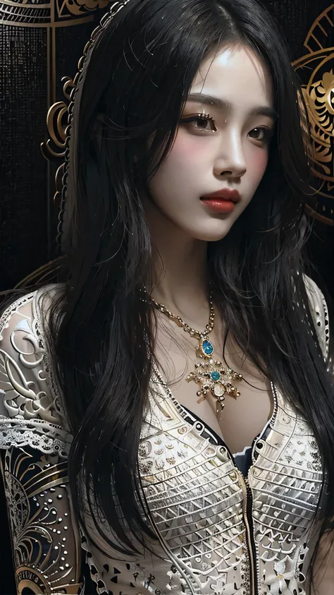 photorealistic, high resolution, soft light,1women, solo, hips up, shinning skin, (detailed face), jewelry, tattoo, super long hair, sperm on her face (facial), black hair, long hair, mafia