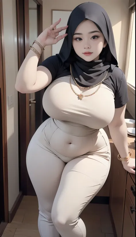 ((best quality)), ((masterpiece)), (detailed), perfect face, araffe woman thick and thight long pants posing for a picture, curvy model,, curvy hourglass figure, sexy longest hand t-shirt, thicc, beautiful full body shot, soft curvy shape, in a longest han...