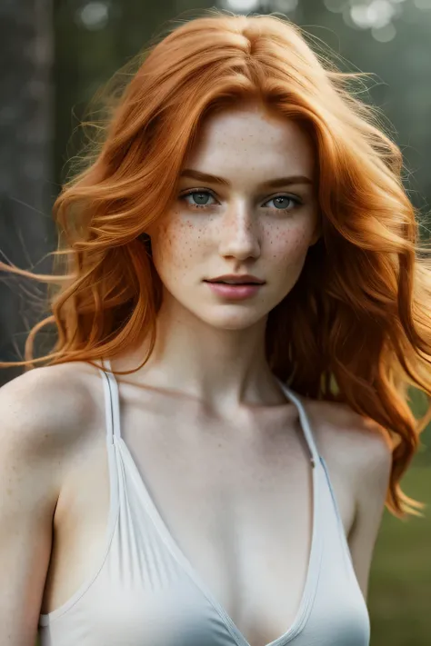 1 girl in, age19, Single, Aesthetic artwork, Irish redhead, Wavy ginger hair, Shoulder length ginger hair, (Gray eyes), Gray eyes فاتحة, Some small freckles, Pale skin, A- A cup, Small breasts, The body of runners, Detailed leather texture, (Highly detaile...