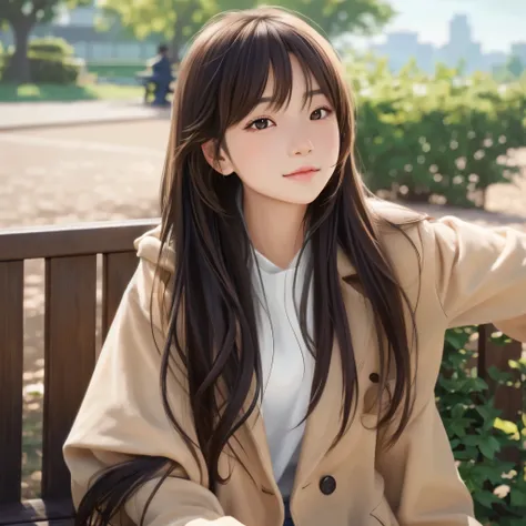 a realistic asian girl with long hair sitting on a bench in a park, realistic cute girl, realistic girl with long hair, portrait, realistic artstyle, realistic young girl, 4k