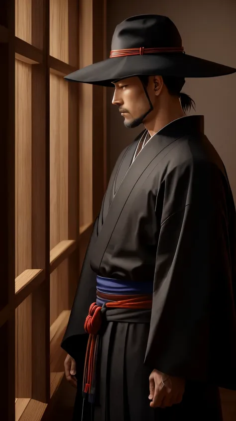 samurai wears a black or dark blue hakama, con un obi rojo atado firmemente alrededor de la cintura. His face is partially hidden by a shrinking kabuto hat., with a menpo mask covering the lower part of his face, dejando solo sus ojos visibles, that shine ...