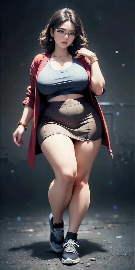 ((best quality)), ((masterpiece)), (detailed), perfect face, 1girl, thick body, japanese-Indonesian goddess ,high resolution , high quality , slightly fat round belly, thick thighs, polite t-shirt covered her belly , wearing a thight skirt , wearing nike s...