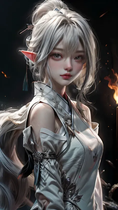 silver hair,wizard&#39;cane,(masterpiece, Highest quality, Highest, official art, beautiful and aesthetic, exposed for a long time: 1.2), smooth movement, attractive pattern, 1 girl, (long dress with sleeves: 1.3), (((white clothes) )), Upper body close-up...