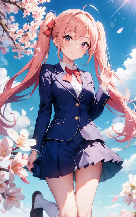 cherry blossoms　blue sky　Two-dimensional beautiful girl　twin tails　Orange Ribbon　uniform　blazer　jump　Knee-knees　Ahoge　Refers to 5 books　Roundness