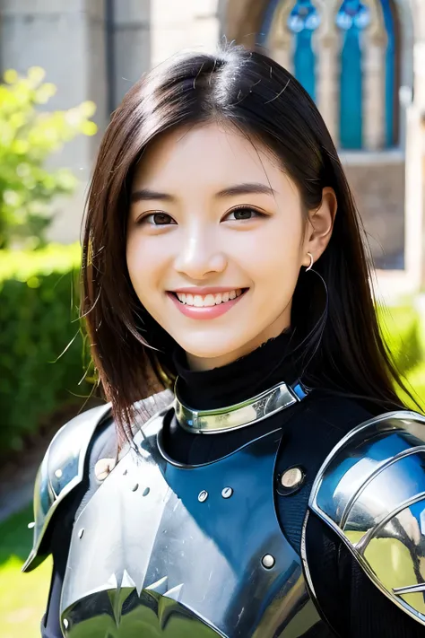 ((highest quality)), ((masterpiece)), (be familiar with), perfect face、A neat and beautiful woman wearing armor、black hair、ear piercing、smile、beautiful teeth、The background is a church