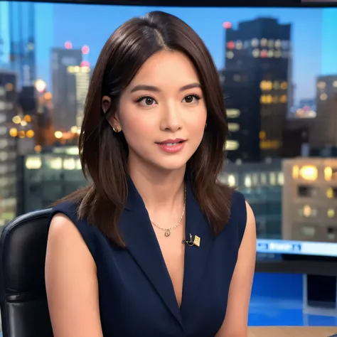 (best quality,4k,8k,highres,masterpiece:1.2),ultra-detailed,(realistic,photorealistic,photo-realistic:1.37),photograph,beautiful woman,news desk,cityview backdrop,tv news studio,professional lighting,portrait,stunning eyes,perfectly styled hair,captivating...