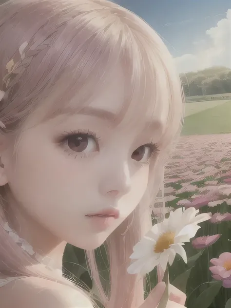 1 girl, alone, barefoot, flower, long hair, null, dress, flower petals, outdoor, holding, holding flower, cloud, pink hair, Wind, field、Small breasts、close up of face、16K