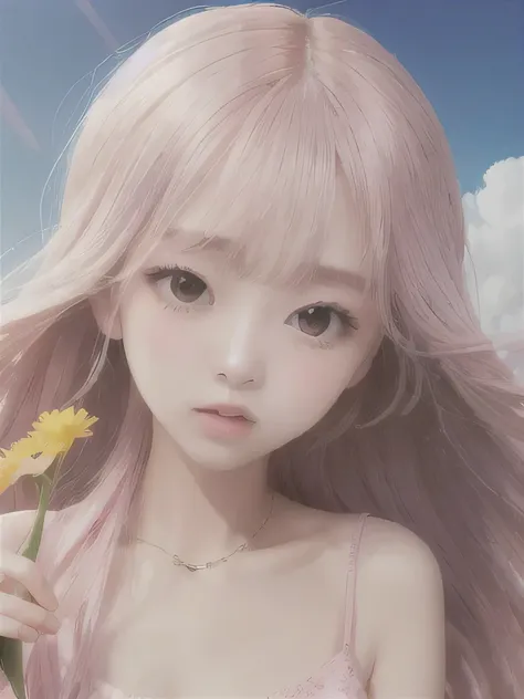 1 girl, alone, barefoot, flower, long hair, null, dress, flower petals, outdoor, holding, holding flower, cloud, pink hair, Wind, field、Small breasts、close up of face、16K、She is the flower spirit、flower decoration、Clothes that show your collarbones、