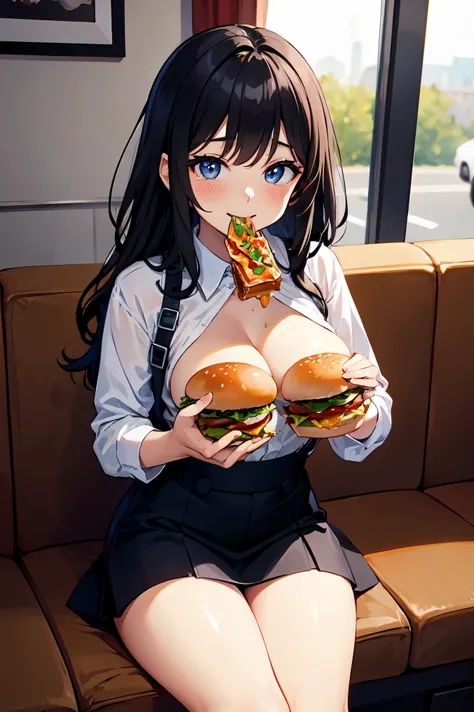 1 beauty，17 year old high school girl, small breasts ,big eyes like tears，sit facing the camera, (her mouth is bulging full of hamburger), long eyelashes，short skirt，blush，black perm hair, At a fast food restaurant, (With a big smile, he put the hamburger ...