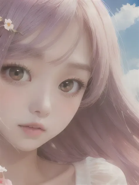 1 girl, alone, barefoot, flower, long hair, null, dress, flower petals, outdoor, holding, holding flower, cloud, pink hair, Wind, field、Small breasts、close up of face、16K、She is the flower spirit、flower decoration、Clothes that show your collarbones、