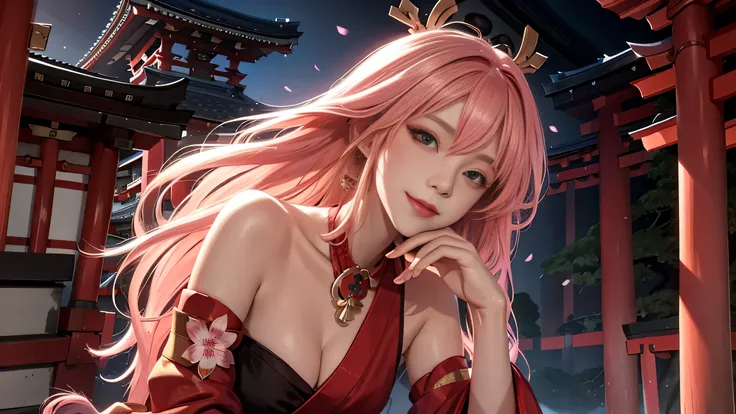 （masterpiece，need，1 love，alone，The details are complicated，look at the perspective，Color difference），lifelike，（front），(take off shoulders)，，close up，Smile，sexy servant，Yae Shrine Maiden，long pink hair，church，red highlight，hair above one eye，black eyes，ear ...