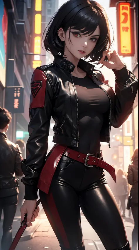 (A beautiful 25-year-old British female vampire mercenary:1.4), (short wolfcut black hair:1.2), (pale skin), (detailed skin:1.2), (serious face), (wearing crimson leather jacket and black tight pants:1.4), (waist up shot:1.2), view from front, (dynamic act...