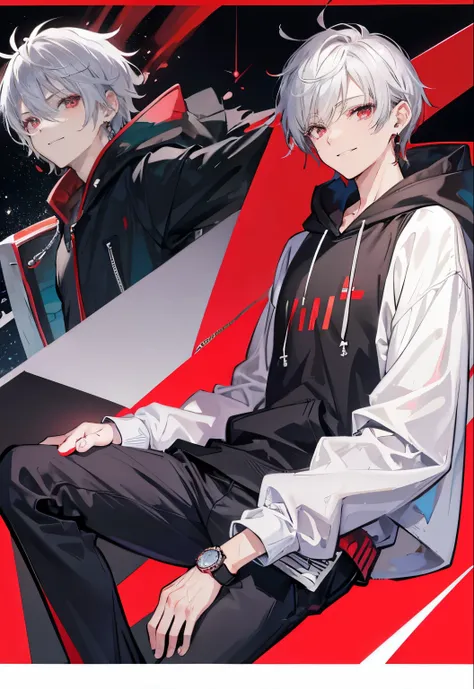 High resolution, 2D anime style,,cool men,red eyes,short hair,silver hair,Fashion wearing a hoodie,Beautiful watch,beautiful earrings,he is smiling a little,