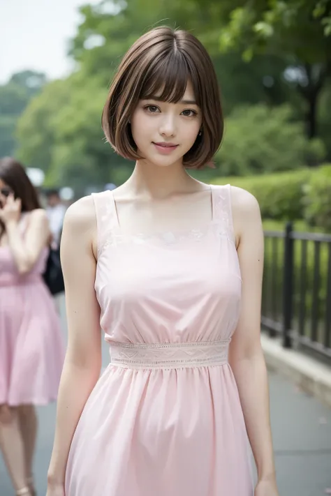 highest quality, masterpiece, 8k, ultra high resolution, (realistic: 1.4), 1 girl, beautiful face, symmetrical eyes, big, perfect body proportions, ((short bob、Bangs Patsun))、((brown hair)), girl enjoying a date、((pink dress:1.4)), the gaze of the beholder...