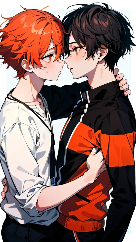 ((best quality)), ((masterpiece)), (detailed), perfect face, 2 boys, gay couple, one boy with dark black hair and dark brown eyes and is tall and handsome, looks fierce and bold, tsundere, very tall, hot and other boy has orange hair and orange eyes and is...