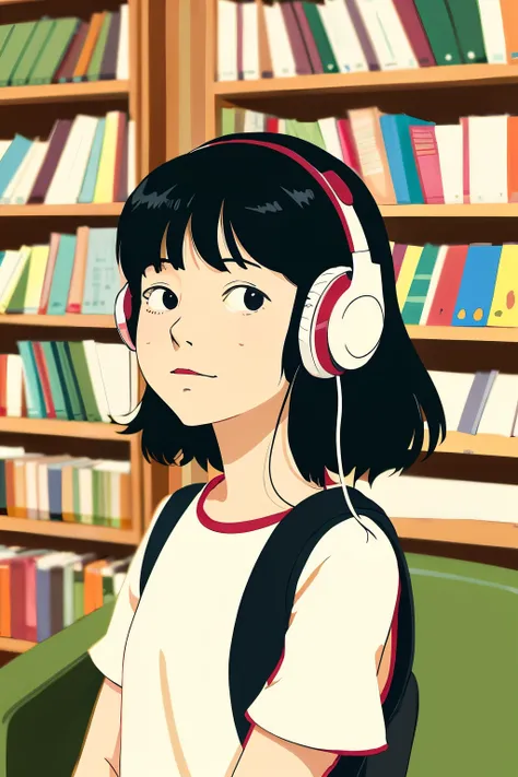 Ghibli style illustration Cartoon style Girl wearing headphones Simple face in a room with a bookshelf