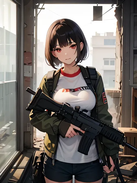 whole body,
1 girl,
blunt bangs,
short hair,
large breast,
black hair,
red eyes,
smile,
tactical clothes,
torn clothes,
short pants,
black boots,
face paints,
soot stains on the face,
standing,
((holding assault rifle)),
in abandoned building,
high resolut...