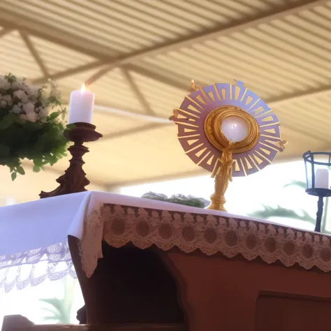 there is a cross on a table with a candle and a cross on it, exibido em um altar, imaculadamente detalhado, tirada com canon 8 0 d, Tabernacle Deep Focus, upturned ornate chalice, explodindo com luz sagrada, tirada com canon eos 5 d, solis sacerdotibus, lu...