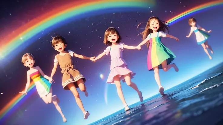 a group of children jumping in the air over a rainbow, a storybook illustration by Béla Kondor, shutterstock, figuration libre, rainbow bg, colorful kids book illustration, childrens cartoon, children illustration, cartoon illustration, books flying in the...