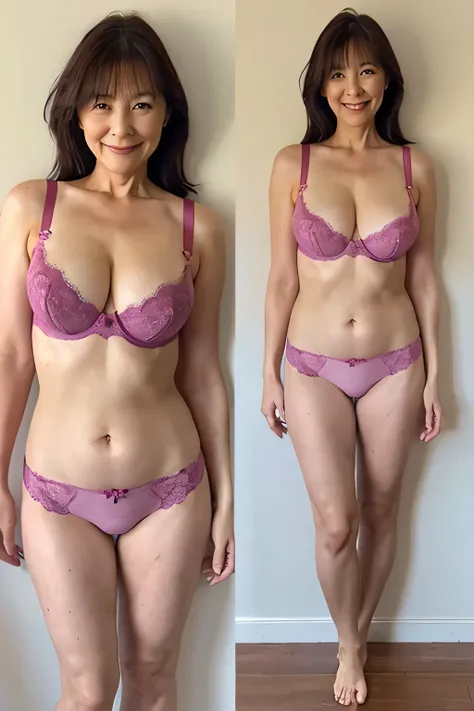 smile gently、56 years old，panties,sexy bra， big breasts，Standing，Full body figure