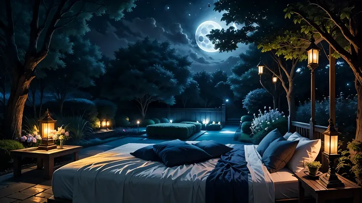 under the moonlight、Reading in a magical garden、In a dark and dreamy atmosphere、on the bed、In monotone