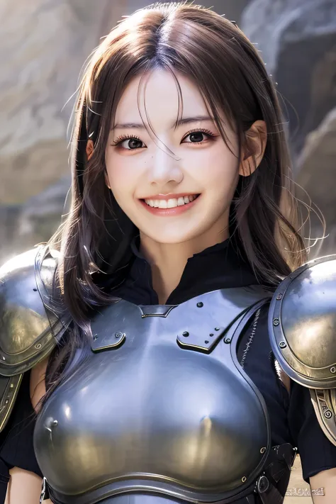 highest resolution, 4k, masterpiece: 1.3), japanese mature, photo of a woman, sexy, fine eyes, slender body shape, realistic teeth, double eyelid, full body, highest quality, be familiar with, equipped with armor, in a fantasy world, The background is a ca...