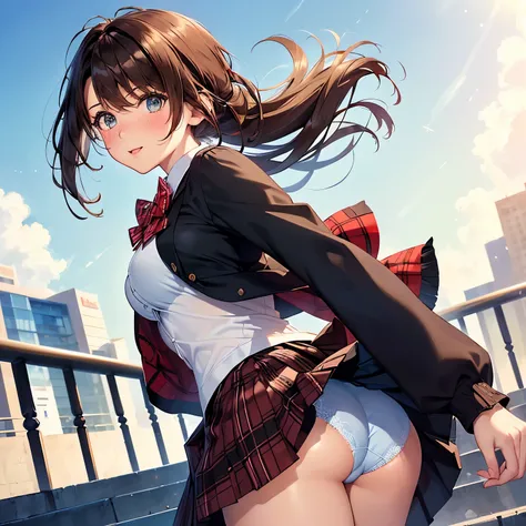 ((table top, highest quality, High resolution, nffsw, perfect pixel, 4k, nffsw, nffsw))), 1 girl, single, alone, beautiful woman、I could see the whole body、Walking down the stairs、 ((ponytail hair, bangs, brown hair)), ((brown eyes, beautiful eyelashes, re...