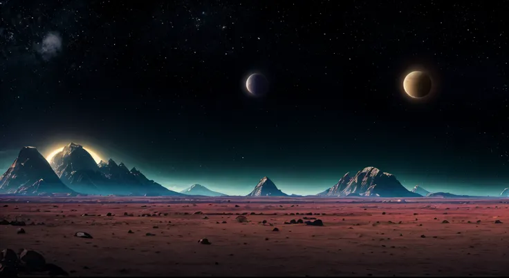 8k quality, a distant planet, with two moons orbiting the planet (one larger and one smaller), lush vegetation, alien animals, vivid colors, mountains in the background, panorama photo.