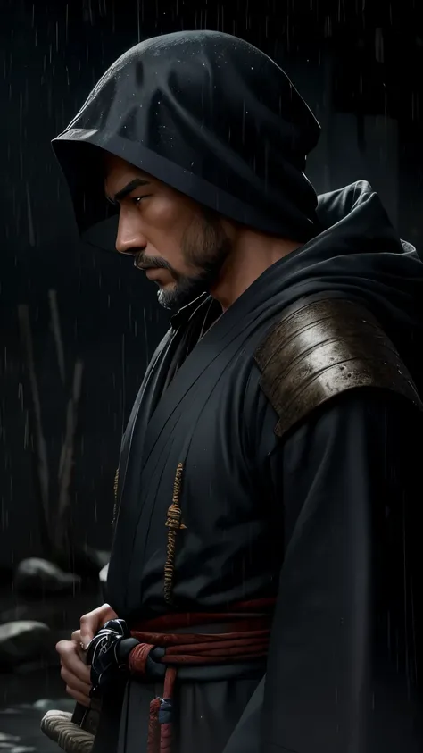 "Generates a vivid image of a samurai standing in heavy rain, con gotas de agua resbalando por su rostro enmascarado y cayendo al suelo. His determined expression reflects the calm in the midst of the storm, mientras sostiene su katana firmemente con ambas...