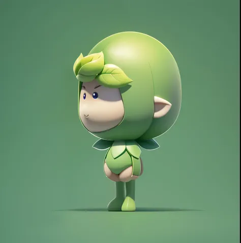 Wearing a green helmet, 3D character of a green man with two leaves on his head, Left view, Wear a laurel wreath,, Elf in green clothes, Arms droop naturally, Lovely 3D rendering，Made by Pixar，Rendering of anime sprites，elf character, Wearing green armor a...