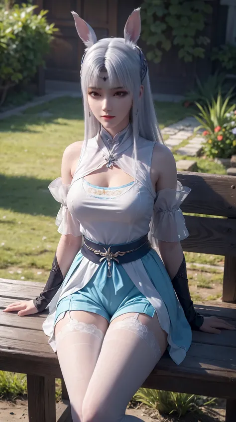 best quality, High resolution, Unique image, 1 girl, Animal ears, armpit, Put your arms behind your head, Bangs, bare shoulders, blue footwear, blue hair, blue tights, braid, Chest, brown lift your legs, shut your mouth, bench, cover navel, curtain, Split ...