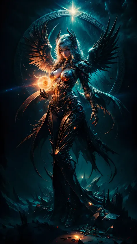 (best quality,4k,high-res,masterpiece:1.2),ultra-detailed,realistic:1.37,cosmic fallen angel,busty,glowing light eyes,biomechanical,eerie,creepy,brightly-colored,light particles,light glowing,mystical,medieval clothes,erotic