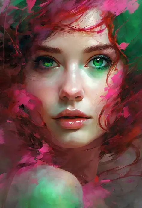 Adorable beautiful woman, cabelos vermelhos, lindos olhos verdes, 25 anos, labios rosados, um rosto que transmite tranquilidade e armonia,  minimalist digital art influenced by Luis Miranda, Jeremy Mann, Jeffrey Catherine Jones, arte conceitual, pintura, i...