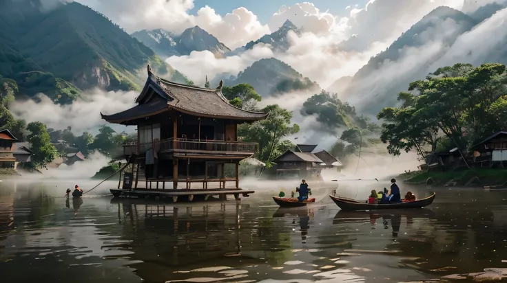 a traditional Minangkabau house located on the edge of a lake with dramatic light mist in the morning, several fishermen are throwing their nets, children are walking to school. background of a super high mountain whose peak cannot be seen, ultra realistic...