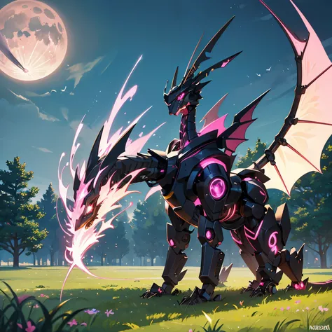 (best quality,highres,ultra-detailed,realistic:1.2),cute small robotic dragon with shiny pink details,green grassy lawn,star-filled sky with moon in the background,black robotic dragon,robotic dragon with pink shiny details,small robotic dragon with pink s...