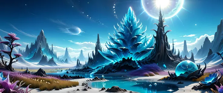 Come up with an alien landscape, if somewhere far away there was a crystal planet on which everything is made of transparent crystal of different color shades, crystal plains and hills, crystal bizarre alien crystal trees and shrubs grow on them, alien cry...