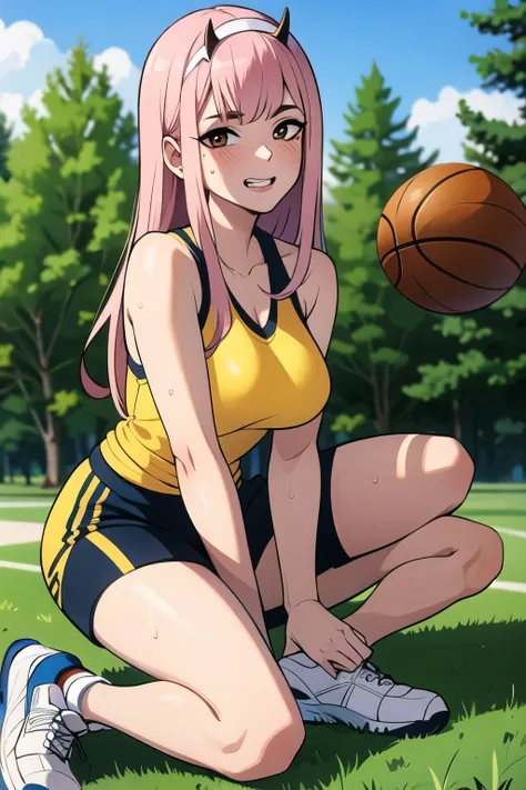 zero two,((best quality)), ((masterpiece)), (detailed), perfect face,1girl, solo, long hair, looking at viewer, blush, shirt, pink hair, brown eyes, upper body, teeth,, mole, mole on neck,1girl, solo, breasts, looking at viewer,  breasts, sitting, outdoors...