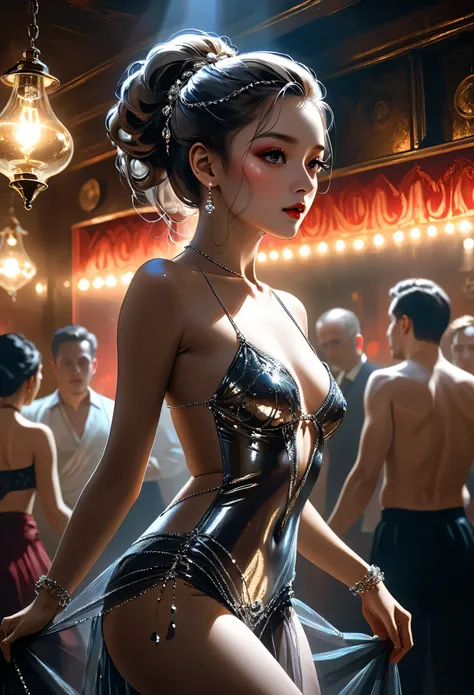 An ancient portrait oil painting, a young asian dancer, Wearing a metal bikini, thin veil, Shiny fine chain ornaments, Waist chain, With a tulle shawl, Reveals a sexy belly, Dancing in a dark, rundown tavern, dim lights, clear lighting, Drunks drinking, ba...