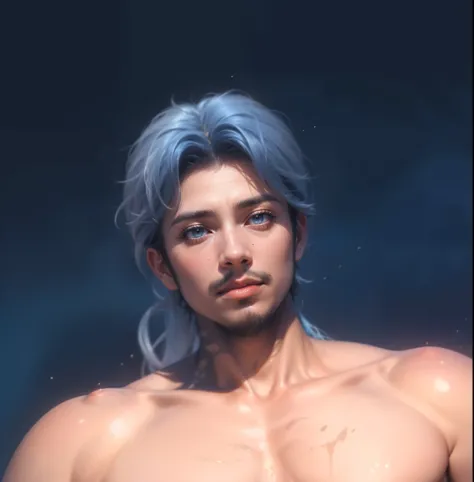 (max resolution: 1.2), (Ultra HDTV: 1.2), 8K resolution, Eye and skin details, face details, , (Sharp focus: 1.2), (Sharp focus) face: 1.2), 1 Guy, 30 Years Old, Standing, Blue hair, Beard, holding sword, Chest exposed, 8 belly, (No shirt) Shirtless, White...