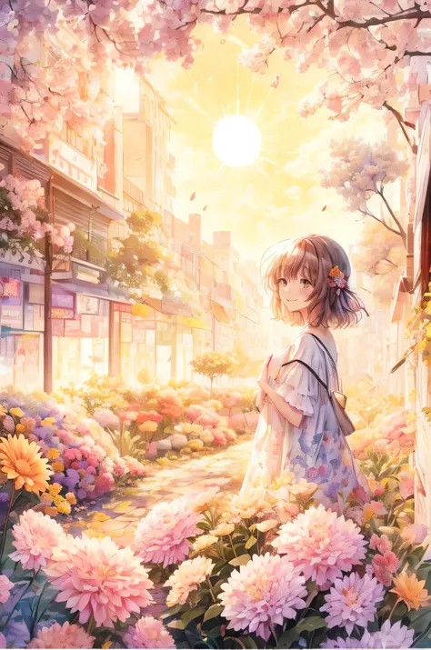 Anime smiling girl looking at the sun in the city with flowers, official artwork, beautiful anime artwork, beautiful anime, Beautiful peace scene in anime, beautiful anime scene, anime background art, on a sunny day, Beautiful artwork illustration, beautif...