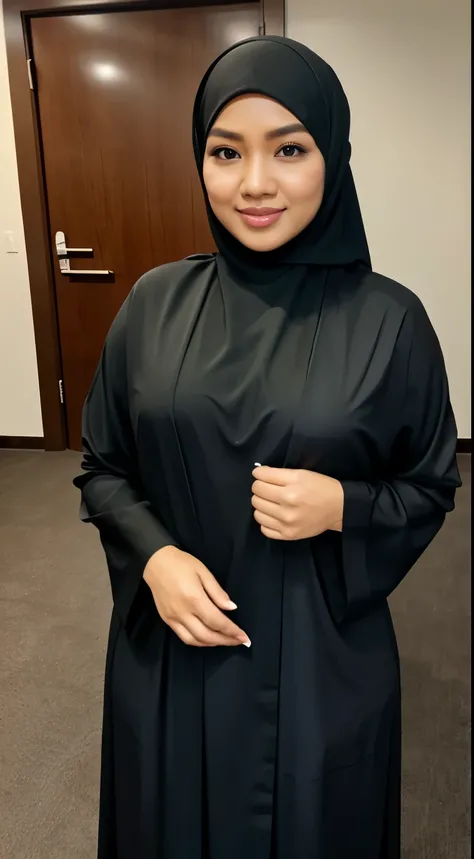 A 32-year-old Indonesian woman, with hijab, Beautiful, photo taken with iPhone, elegant black abaya with breast holder inside, photo in ball room, high quality, cleavage, perfect eye, perfect hand, perfect finger with each fingers is different 