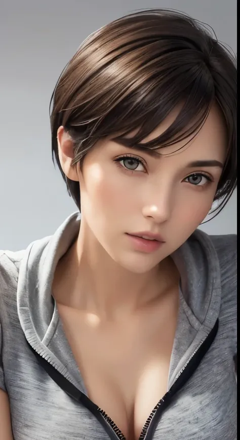 (masterpiece、highest quality、photorealistic、High resolution、photograph、:1.3)、very close up shot、sharp focus、30 year old mature woman、hot models、Highly detailed eyes and pupils、realな肌、slim body shape、cleavage、short cut hair、dark brown hair、delicate and sexy...