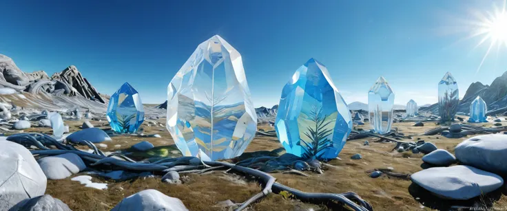 Realistic photo in RAW format, Come up with an alien landscape, if somewhere far away there was a crystal planet on which everything is made of transparent crystal of different color shades, crystal plains and hills, crystal bizarre alien crystal trees and...