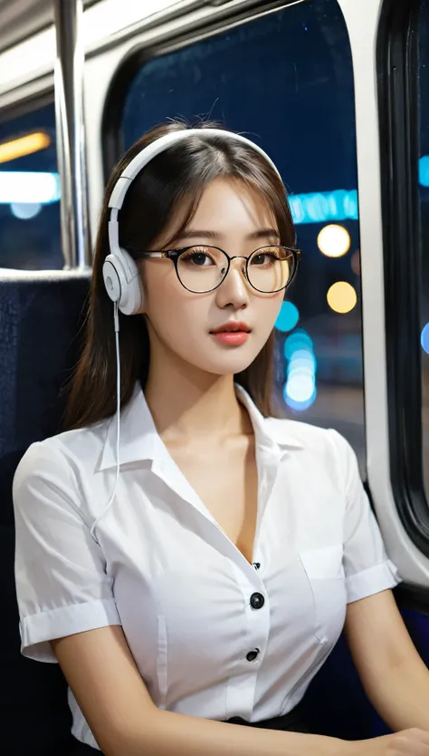 Close-up shot of beautiful korean female, 36 inch breasts size, glasses, wearing earphone, wearing white short sleeve shirt with bottons, black skirt, sitting on the bus, night,  UHD