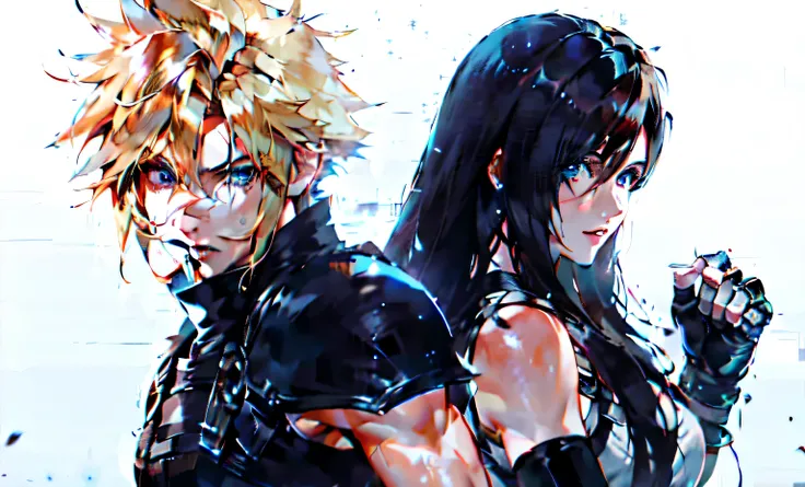 **In the style of Final Fantasy video games, Cloud Strife and Tifa Lockhart stand side by sides ready to fight each other. cloud has his iconic long blonde hair with blue eyes wearing black metal shoulder pads while t.quest high fantasy, volumetric lightin...