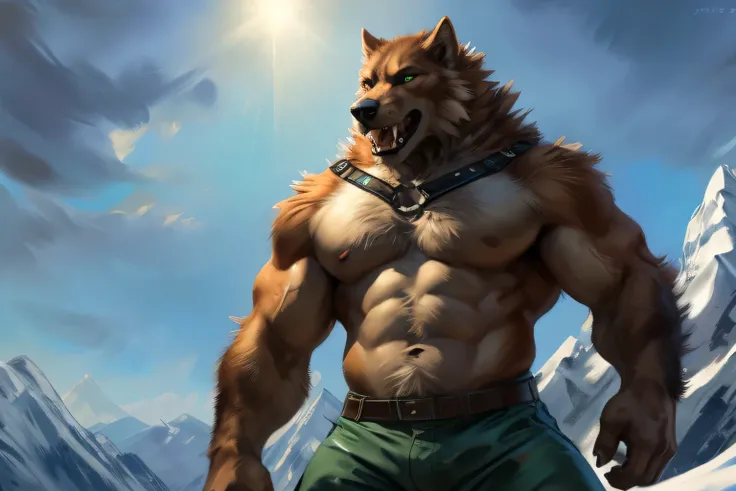 very muscular werewolf, flexing muscles, flexing biceps, biceps up, green eyes, realistic eyes, orange fur, white chest fur, black beard, very furry, standing on top of a mountain, wearing climbing harness, green short pants, 4k, high resolution, best qual...