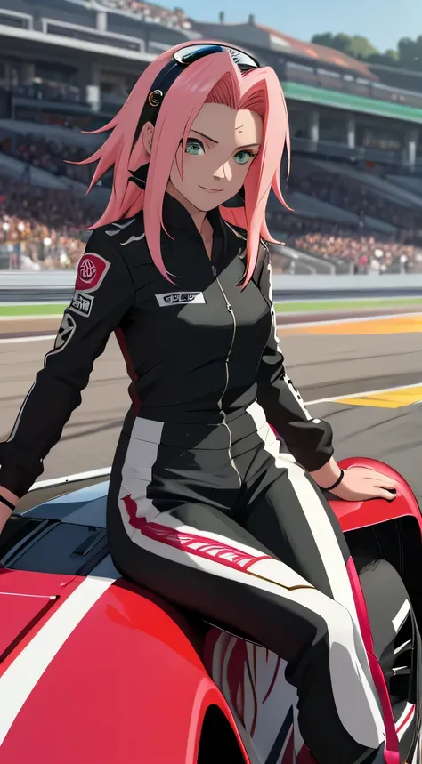 tmasterpiece， Best quality at best， 1girll， Sakura Haruno，Raised sexy，is shy，ssmile，with pink hair， long whitr hair， （Green eyeballs:1.4)， Forehead protection, Pole Position, standing inside of her race car, anime style, bright colors, dynamic lighting, sh...