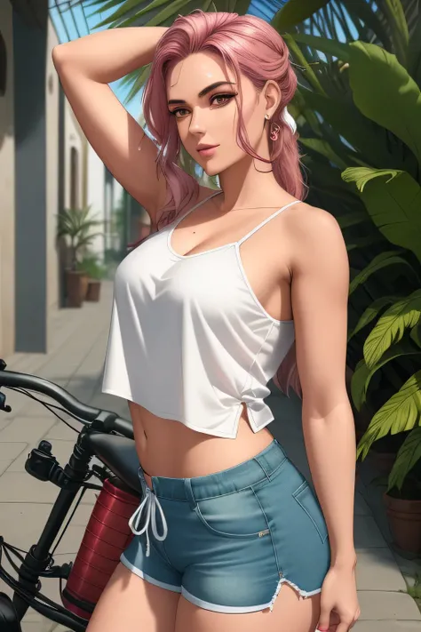 a woman in a white top and Rosa shorts is standing next to a bike with a amarelo Fundo and, por Quentin Tarantino, 1 garota, pulseira, marrom_cabelo, joia, caixa de correio, lips, longo_cabelo, inventar, average_seios, barriga, unha_Polish, umbigo, colar, ...